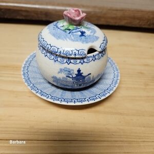 Vintage Antique 40s Fondeville England Ambassador Ware Blue/White Sugar Bowl